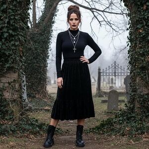 Heart Moon Star Black Velvet Gothic Midi Skirt